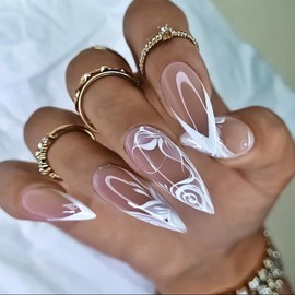 ANDGING White French Tip Press on Nails Almond Short Medium Fake Nails with Glue Gel Acrylic Stiletto Glue on Nails with Butterfly Design Manicure False Nails for Wedding Birthday Stick on Nails ALO8