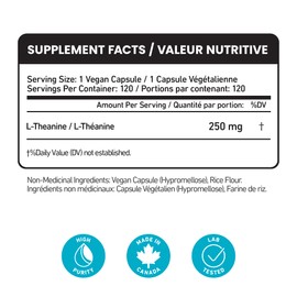 High Potency L-Theanine 250mg (Bonus Size 120 Capsules) - Relaxation, Stress Support for Men & Women from Vegan Source | Made in Canada