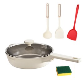 HOLIBAN Nonstick Titanium Ceramic Frying Pan 12 Inch Deep Frying Skillets Set with Lids Free of PFAS/PTFE Non-toxic Chef's Pan with Soup Ladle Spatula Compatible with All Stovetops (White, 12-Inch)