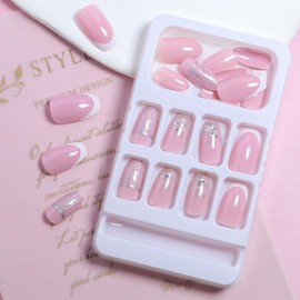 Pink Press on Nails Short Coffin - Broken Diamond Designs Fake Nails Press ons, Pink Full Cover Glue on Nails Glossy Acrylic Nails for Women 24 Pcs