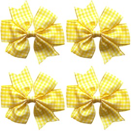School Gingham Cross Hatch Hair Bows Clips Slides Grips 3" inch Solid Vibrant Colours Hairbows 4 Pack (Yellow)