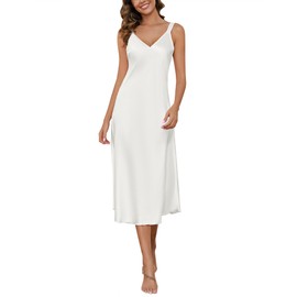 ouansyltg Women Silk Chemise Nightgown Tank Night Dress Long Gowns Sleepwear Full Slips V Neck Night Gown White X-Large
