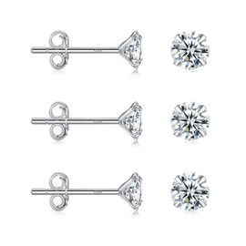 Ecripe 3 Pairs of 925 Sterling Silver Earrings for Women, Hypoallergenic Cubic Zirconia Stud Earrings Set, Comfortable Earrings, Real Silver, Gift for Women, Sterling Silver