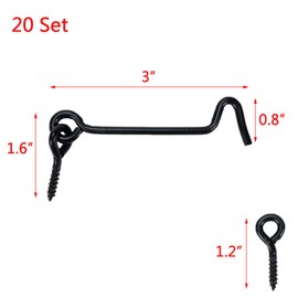 Dnyta Hook and Eye Latch Black 20 Set 3 Inch Small Latch Locks for Inside Door Swivel Window Latches Hardware Cabin Hook with Mounting Screws
