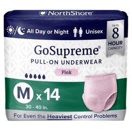 NorthShore GoSupreme Overnight Incontinence Underwear, 8-Hour Pullup Style, Medium, 14 Count Bag, Pink, 30-40 inches, Unisex Adult Diapers