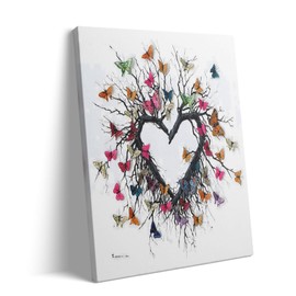 Valentine's Day Canvas Wall Art - Heart-Shaped Butterfly Tree Vinatge Valentine Picture Gift, Romantic Nature-Inspired Oil Painting Print for Valentines Wedding Home Room Gallery Decor 11x14inch