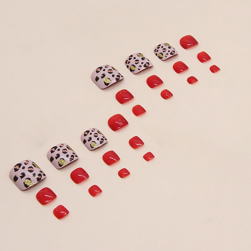 Red Press On Coffin Toenails With Leopard Designs, Full Cover