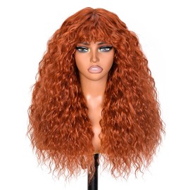 Muswanna Ginger Curly Wigs With Bangs for Women Lace Hairline Long Curly Ginger Wig for Daily