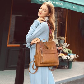 FANDARE Women's Backpack 3 in 1 Handbag Girls School Bag PU Leather Women's Shoulder Bags Handbags Shoulder Bag Travel Bag for University Travel Leisure Job School Office Daypacks, brown, Simple,