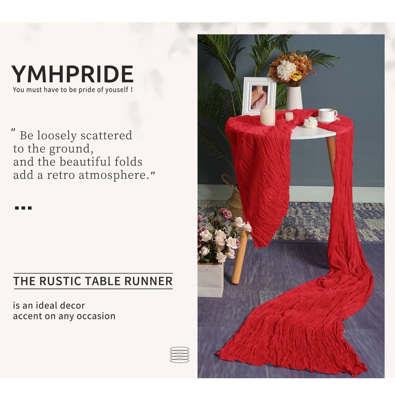 YMHPRIDE 6 Packs Cheesecloth Table Runner Red, 55x300cm Rustic Gauze