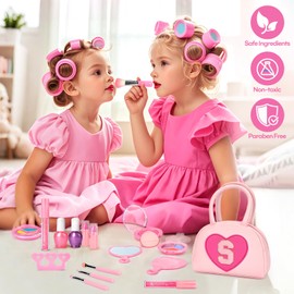 Kids Washable Play Makeup Kit for Little Girls - 18 Pcs Toddler Non Toxic Real Make Up Set with Lipstick - Birthday Gifts Toys for 3 4 5 6 7 8 9 10 Years Old Pink Initial Heart Purse - S