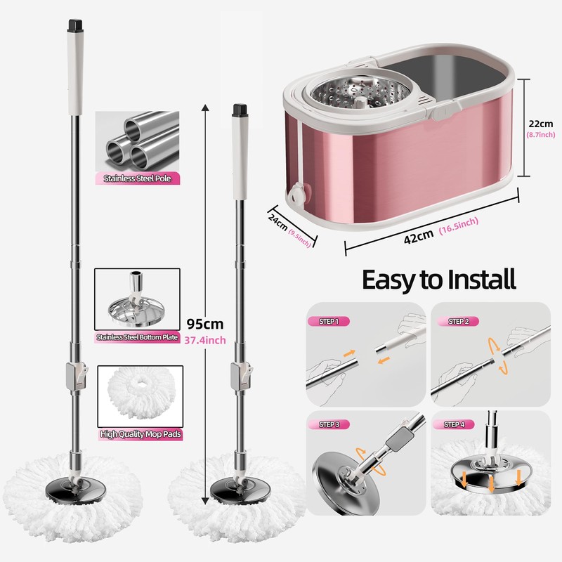 SWIFTIRON Spin Mop and Bucket with Wringer Set for Home,360°