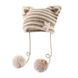 Women Kawaii Cat Ear Beanie Hat with Star Pom Poms Y2K Cute Crochet Goth Grunge Emo Alt Accessories Knit Slouchy Hat (Khaki Beige)