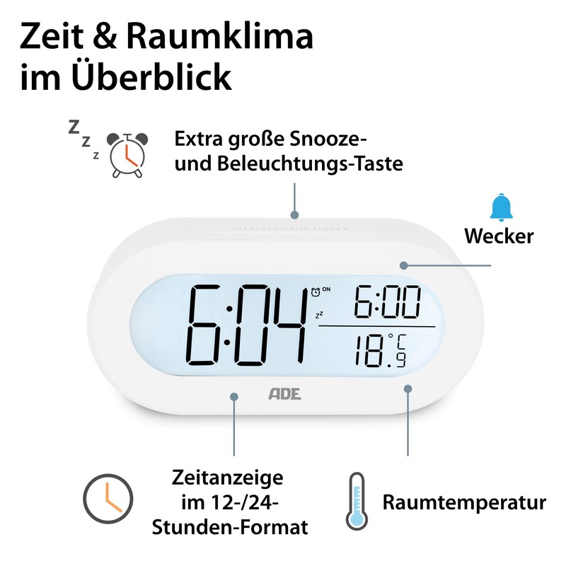 ADE Digitaler Wecker ohne Ticken | große Ziffern | mit