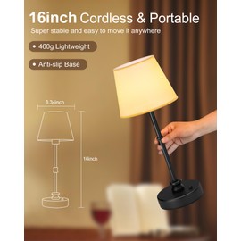 EppieBasic Set of 2 Cordless Table Lamp, 5200mAh Rechargeable Battery Operated Lamp, Portable LED Touch Light, Stepless Dimming, Small Gold with Fabric Shade, 2700K for Dining, Bedside, Bathroom