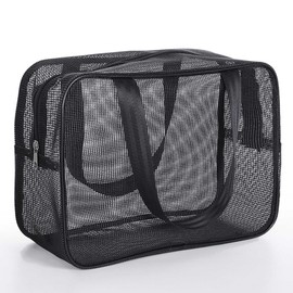 Ifukens プールバッグ 温泉バッグ メッシュ 水着入れ 大容量スパ サウナバッグ 防水手提げ袋 多機能旅行 水泳 銭湯 お風呂 プールバッグ 男の子 女の子 収納化粧ポーチ持ち運び 軽量 通気 速乾 (ブラック, L：30*10*20cm)