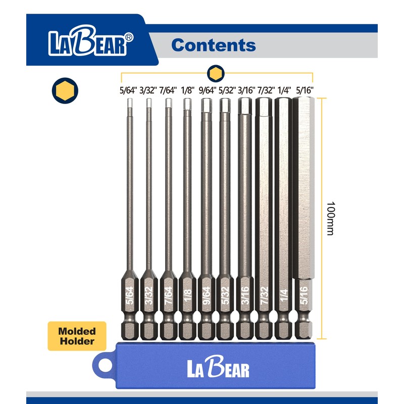 LABEAR - 10pc SAE 4 inch long, 1/4" Shank Hex