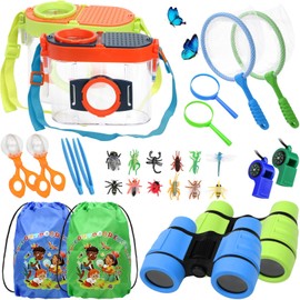 Mototo 2 Sets Bug Catching Kit Bug Catcher Container Boxes Magnifying Glass with Butterfly Net Insect Clamp Binoculars Insect Whistle Nature Outdoor Adventure Explorer Kit