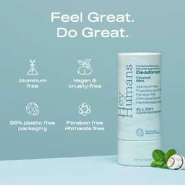 HEY HUMANS Hey Humans Deodorant, Aluminum Free Deodorant for Women and Men, Contains Naturally Derived Ingredients, All Day Odor Control, Refreshing Essential Oils, Earth Friendly Package, Coconut Mint