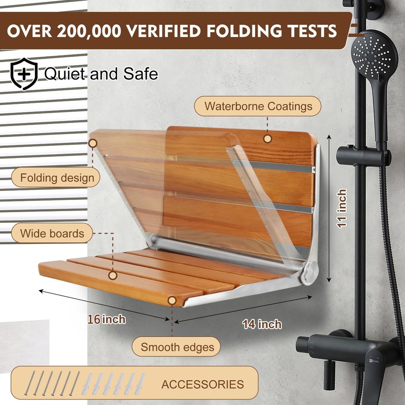 Teak Folding Shower Seat Wall Mounted, Foldable Shower Bench, 400lbs