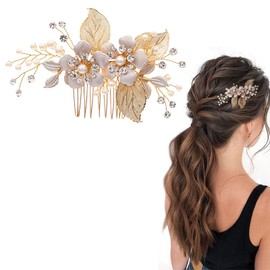 dinghaole Gold Wedding Hair Clip, Crystal Pearl Hair Pins Accessories, for Women Girls Brides Bridesmaid hair Pieces Comb Proposal Prom Birthday Party Accessories Decorative