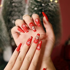 24Pcs Christmas Press on Nails Medium Coffin Fake Nails Silver Red Snowflake False Nail Full Cover Fake Nails Artificial Acrylic Glue on Nails Tips Finger Manicure for Women and Girls