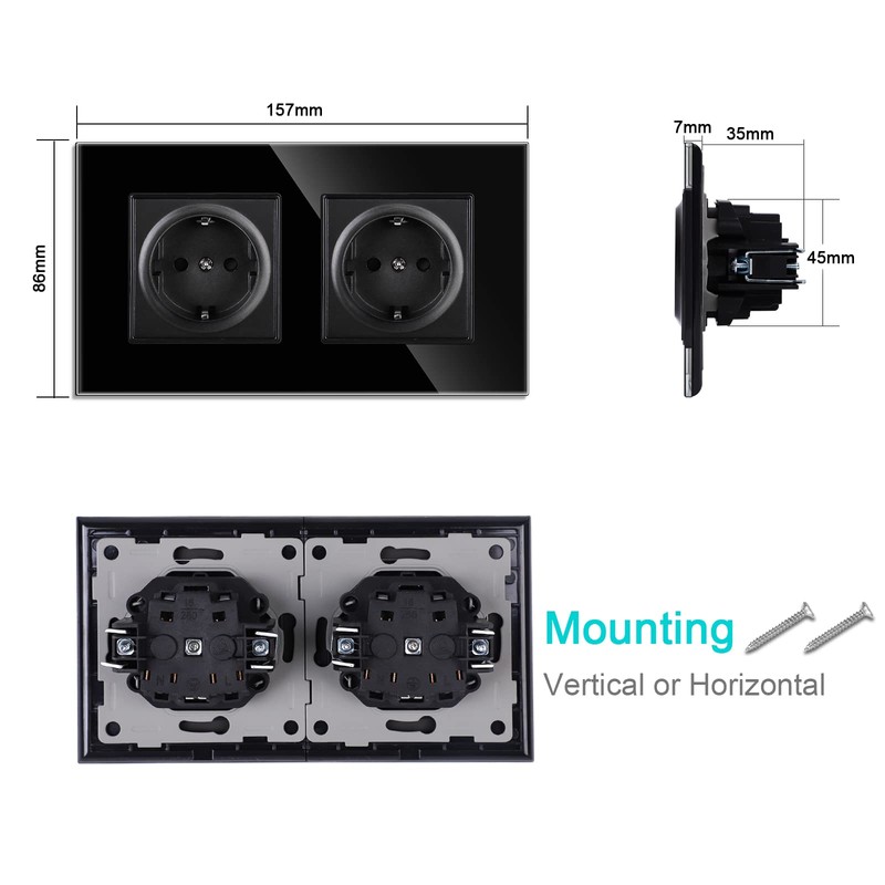 JIMEIDA Double Socket Flush-Mounted 16 Amp with Black, Tempered Glass