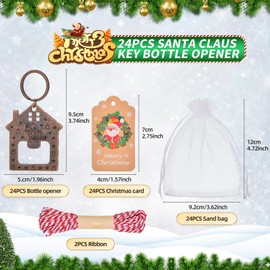 24Pcs Christmas House Beer Bottle Opener Keychain Bulk Christmas Party Favors Retro Santa Claus House Keyring Ornament with Cards and Ropes, for Xmas Tree Decorations Theme Festive Coworkers Gift
