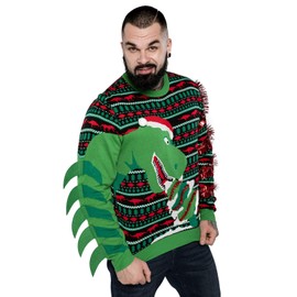 U LOOK UGLY TODAY Men's Ugly Christmas Jumper Funny Xmas Sweater Top with Tinsel - Tree-Rex Wrecker
