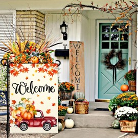 Aroxtms Welcome Fall Truck Garden Flag Autumn Thanksgiving Pumpkin Garden Flags for Outside 12×18 Inch Double Sided Small Seasonal Garden Flag Outdoor Fall House Yard Sign Holiday Decorations