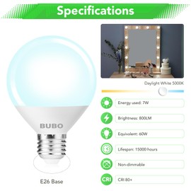 BUBO Globe Light Bulbs 60 Watt Equivalent, Vanity Light Bulbs for Bathroom Over Mirror, Daylight White 5000K Round Light Bulbs, G25 LED Light Bulbs 800LM, E26 Medium Base, 7W, Non-Dimmable, 10 Pack