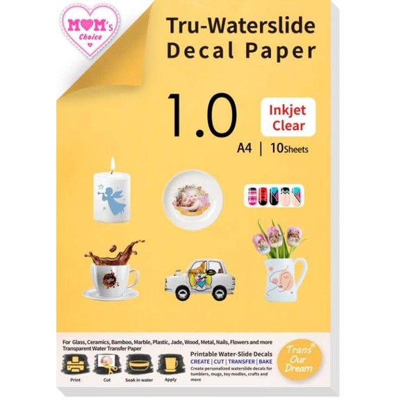 TransOurDream Tru-Waterslide Decal Paper Inkjet Clear 10 Sheets A4 Premium Printable Vinyl Transparent Paper Decals for Ceramics Mugs Candles Glasses Plates Transfer