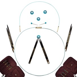 My Two Ladies | Blue Silk | Sweater Set | Knitting Needle Set | 5" Ebony Wood Interchangeable Circular Knitting Needles | Circular Needles with Custom Maroon Case - 4 Sizes (US5, US6, US7, US8)