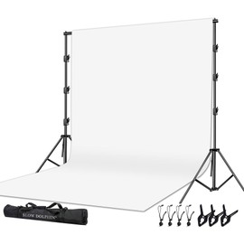 SLOW DOLPHIN Photo Video Studio 10 x12ft 100% Cotton White Muslin Backdrop with 10 x 10ft Stand Photography Background Support System Kit Clamp, Clips,Carry Bag
