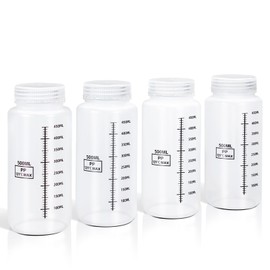 DEMORA Plastic Bottles with Airtight Caps 16oz/500ml, Food Grade Wide Mouth Liquid Containers, Reusable PP Graduated Plastic Bottles for Water Sample Lab Reagent Liquids Mixing (Clear, 4 Pcs)