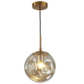 BOKT Gold Globe Pendant Light Glass Ball Chandelier Adjustable Height Ceiling Pendant Light Creative Lamp Shade Pendant Fixture for Bedroom Kitchen Island Bar(Amber)