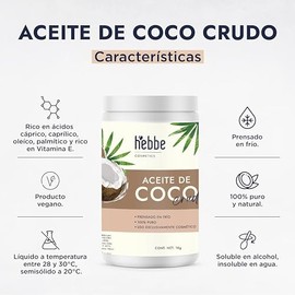 HEBBE Aceite de Coco Crudo 1 kg | Prensado en Frío 100% Puro | Hidratante Piel y Cabello | Anti Frizz y Brillo | Uso Cosmético