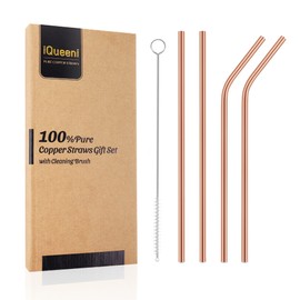 Copper Straws, Pure Copper Drinking Straws Gift Set Food Safe 8.5inch Long Handcrafts Bent and Straight Copper Straws with Cleaning Brush(2*Bent+2*Straight)