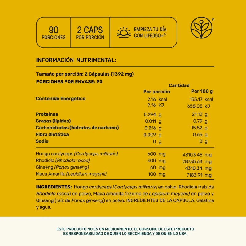Rhodiola Maca Life360 Fuel Up Blend 180 Cpsulas Cordyceps