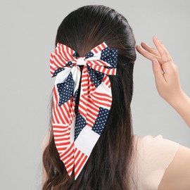 LLAOIMB 4th of July American Flag Hair Bows for Women, Independence Day Hair Accessories Big Ribbon Bow Hair Clips Long Tail Metal Clips Patriotic Hair Barrettes for Party Costume Styling Decorations