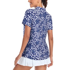 Tanst Sky Polo Shirts for Women, Ladies 1/4 Zip Up Golf Clothes Dry Fit Short Sleeve Athletic Workout Tops Cute Golf Gym Tennis Outfits UV Protection Clothing Blue White Leaf 2XL
