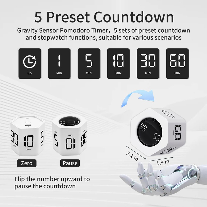 LUCKY TIME Productivity Pomodoro Timer,Hexagon Cube Timer,1/5/10/30/60 Minutes Countdown Timing,Sound