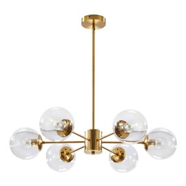 KCO Lighting Modern 6-Light Sputnik Chandelier with Clear Glass Globe Mid Century Adjustable Ceiling Pendant Light Gold Brass Flush Mounted Fixture