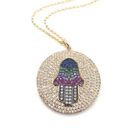 LESLIE BOULES Big Hamsa Hand Necklace for Women 18K Gold Plated Chain Fashion Jewelry