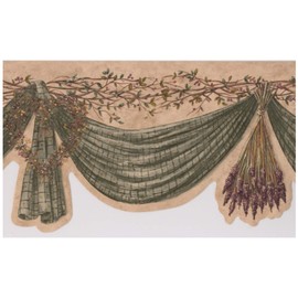 Olive Green Curtain Wreath Berries on Vine Vintage Wallpaper Border Retro Design, Roll 15' x 8"