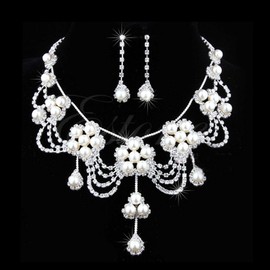 V G S Eternity Fashions Fashion Jewelry ~ Rhinestone Crystal and Faux Pearls Necklace and Earrings Wedding Jewelry Set for Women (28139 A)