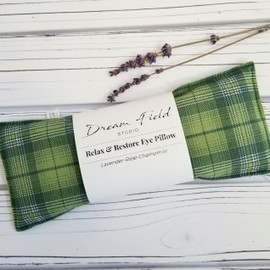 Lavender Eye Pillow for Relaxation, Meditation Eye Pillow, Microwave Heat Pillow or Cold Pack, 10" x 4" - Green Plaid Print
