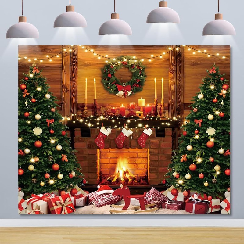 Christmas Backdrop 10x8ft Fireplace Xmas Tree Rustic Wall Interior Photography