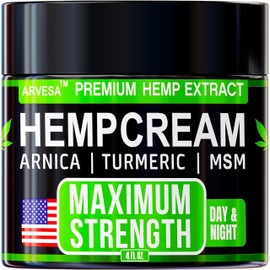 Hemp Cream Maximum Strength with Glucosamine, Arnica, Turmeric - Non-Greasy