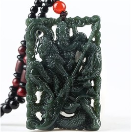 Genuine Hetian Jade Guangong Pendant Hollow Necklace Certified Grade A,Handcarved Jade Healing Crystal Jade Gemstone Certified Jade(Certificate)